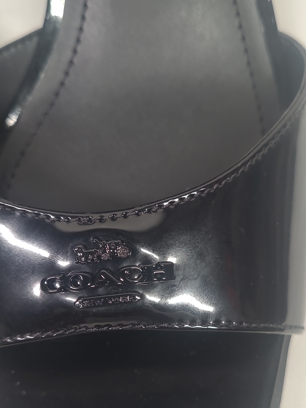 Coach Black Patent Leather Square Toe Block Heel Sandals with Ankle Strap - Picture 2 of 8